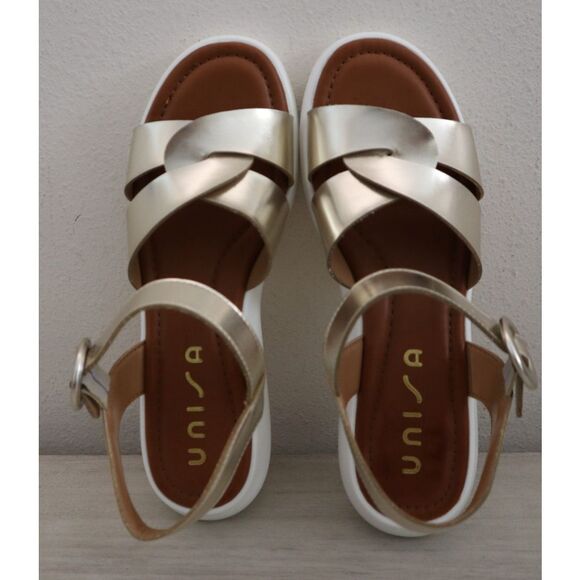 Unisa Women's Sz 10M Gold Frencia Adjustable Strap Footbed Wedge Sandals - Picture 2 of 12